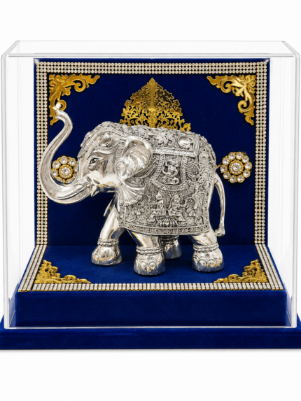 Premium Silver Elephant Showpiece with Acrylic Display Case – Decorative Gift Article
